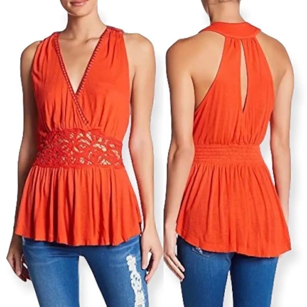 Free People Orange-Red Megan Embroidered Crochet Waist Peplum Tank Top in size S
